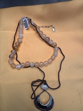 Free People Neutral Beaded Necklace with Silver-Tone Crescent Pendant